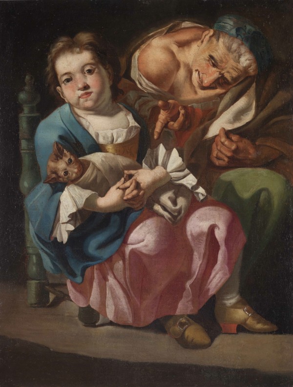 An old lady with little girl and kitty by Gaspare Traversi